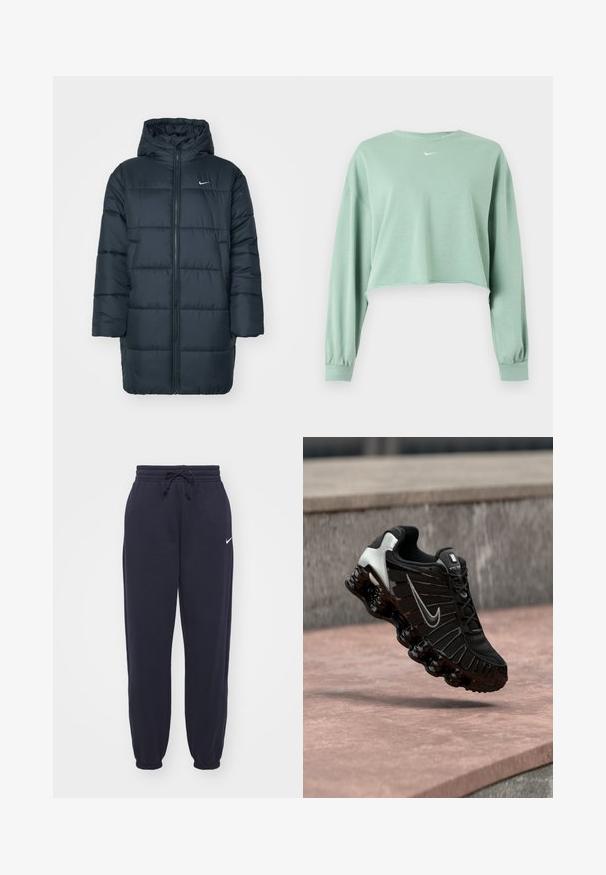 Chaqueta acolchada en azul marino oscuro, con capucha, cremallera frontal completa, puños de canalé y diseño acolchado con costuras horizontales. Logo de Nike en el pecho.; Sudadera corta de manga larga de color verde claro con puños elásticos y pequeño logo blanco de Nike centrado debajo del escote.; Pantalones de chándal Nike en azul marino, hechos de un material suave. Cuenta con una cintura elástica con cordón y tobillos ajustados. Pequeño acento con el logo blanco.; Zapato deportivo negro con parte superior de malla texturizada, detalles plateados y una suela negra gruesa y brillante con elementos acolchados redondeados.