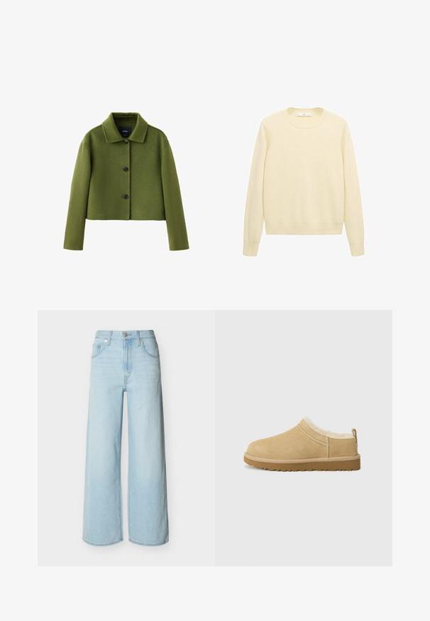 Chaqueta corta de lana verde oliva con cuello y tres botones negros en la parte delantera, mangas largas y textura suave.; Jersey de manga larga color crema con cuello redondo, puños y bajo acanalados, colocado plano sobre un fondo blanco.; Vaqueros de pierna ancha en azul claro con cierre frontal de botón y cremallera, trabillas para cinturón y diseño clásico de cinco bolsillos.; Zapato de ante sin cordones en color marrón claro, con un suave forro de piel de zorro y suela de goma texturizada con un ligero tacón y una lengüeta trasera para facilitar el uso.