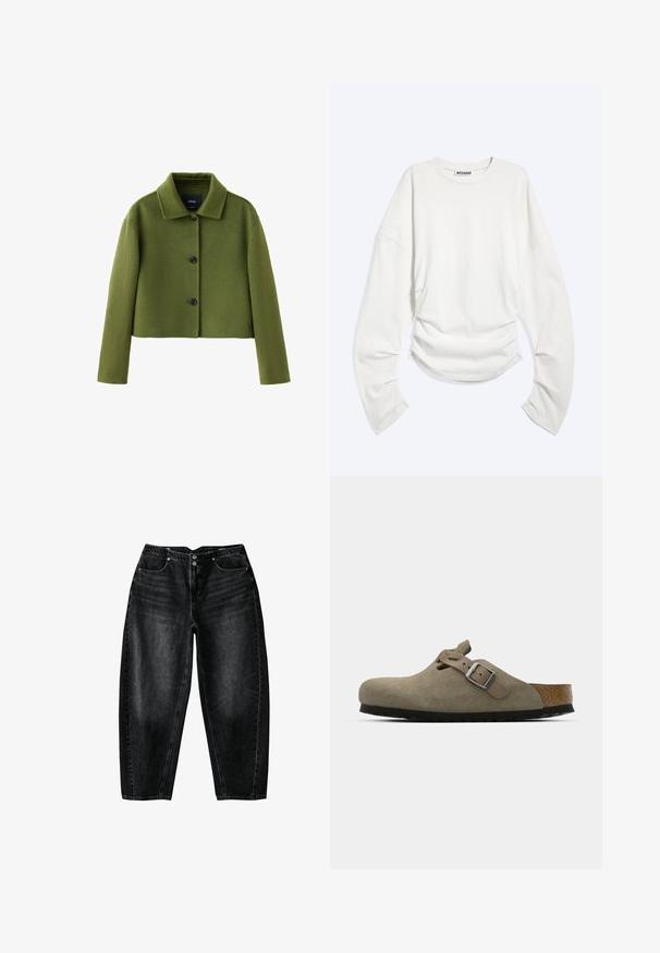 Veste courte en laine vert olive avec col et trois boutons noirs sur le devant, manches longues et texture lisse.; T-shirt blanc à manches longues avec col rond, détails froncés à la taille et coupe décontractée, étiquette « WEEKDAY » à l'intérieur du col.; Jean en denim noir taille haute avec deux poches avant, deux boutons argentés et des jambes droites décontractées sur fond blanc.; Sabots en velours côtelé vert olive clair avec une semelle en liège et en caoutchouc moulée. Dispose d'une sangle latérale avec une boucle en métal et d'un bout arrondi.