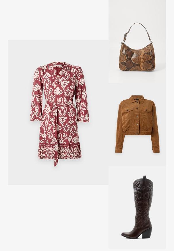 Veste cropped en velours côtelé marron avec des boutons-pression à l'avant, deux poches plaquées sur la poitrine et des manches longues sur fond blanc.; Robe à motifs rouges et blancs avec une taille à nouer, des manches longues et un décolleté en V. Présente un design floral et géométrique complexe.; Botte de cowboy haute en cuir marron foncé avec motifs décoratifs cousus, bout pointu et talon bloc empilé.; Petit sac à main avec un motif en peau de serpent marron et noir, courroie courte et ajustable, et fermeture éclair.