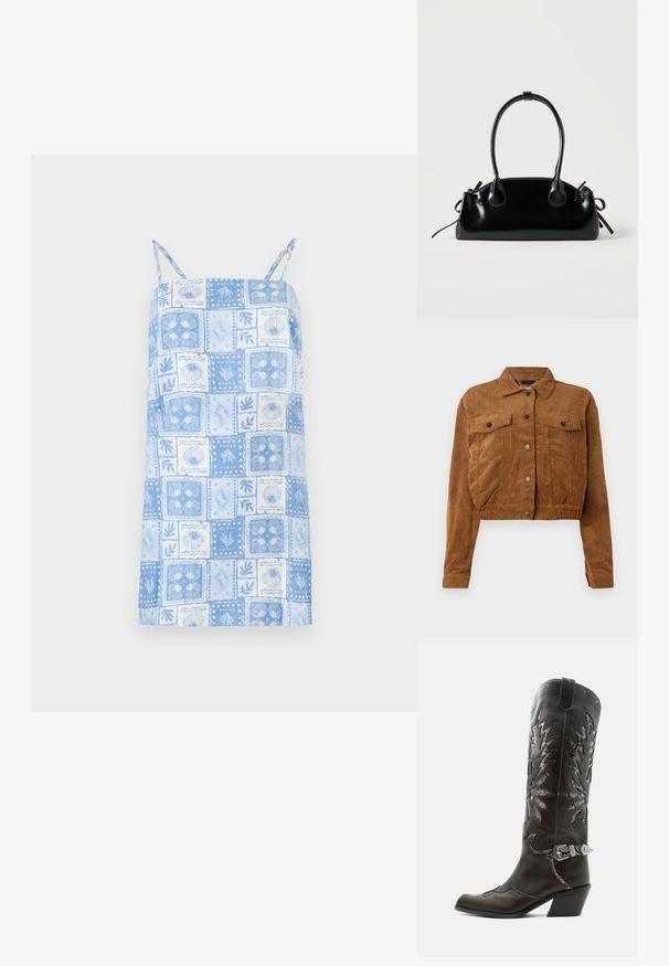 Chaqueta corta de pana marrón con botones a presión en el frente, dos bolsillos de solapa en el pecho y mangas largas sobre un fondo blanco.; Vestido sin mangas de color azul claro con diseño de patchwork cuadrado, presenta patrones florales y de conchas, tirantes ajustables y dobladillo recto.; Bota cowboy de cuero negro con recortes decorativos, hebilla plateada y tacón inclinado, presentada sobre fondo blanco.; Pequeño bolso negro brillante con dos asas largas y detalles de cordón lateral sobre un fondo claro liso.