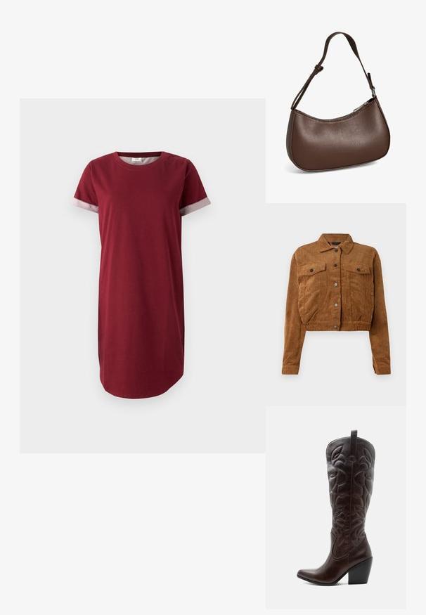 Veste cropped en velours côtelé marron avec des boutons-pression à l'avant, deux poches plaquées sur la poitrine et des manches longues sur fond blanc.; Robe t-shirt bordeaux en coton avec des manches courtes et des accents gris à motifs sur les poignets. Dotée d'une encolure ronde et d'une coupe droite.; Botte de cowboy haute en cuir marron foncé avec motifs décoratifs cousus, bout pointu et talon bloc empilé.; Petit sac bandoulière en cuir marron avec sangle réglable et fermeture éclair, présenté sur fond blanc. Aucun logo ou décoration visible.