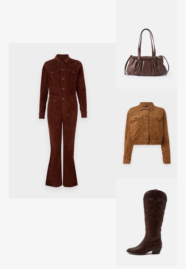 Bruine corduroy cropped jas met voorste drukknoopsluiting, twee klepborstzakken en lange mouwen op een witte achtergrond.; Bruine corduroy jumpsuit met een kraag, lange mouwen, flare benen, borstzakken en metalen knoopaccenten. Vlotte textuur en getailleerd ontwerp.; Hoge bruine leren cowboylaars met gedetailleerde stiksels, een puntige neus en een blokhak op een effen lichte achtergrond.; Bruine leren handtas met twee lange handvatten,Gathered ontwerp, gouden hardware accenten en een gestructureerde afwerking.
