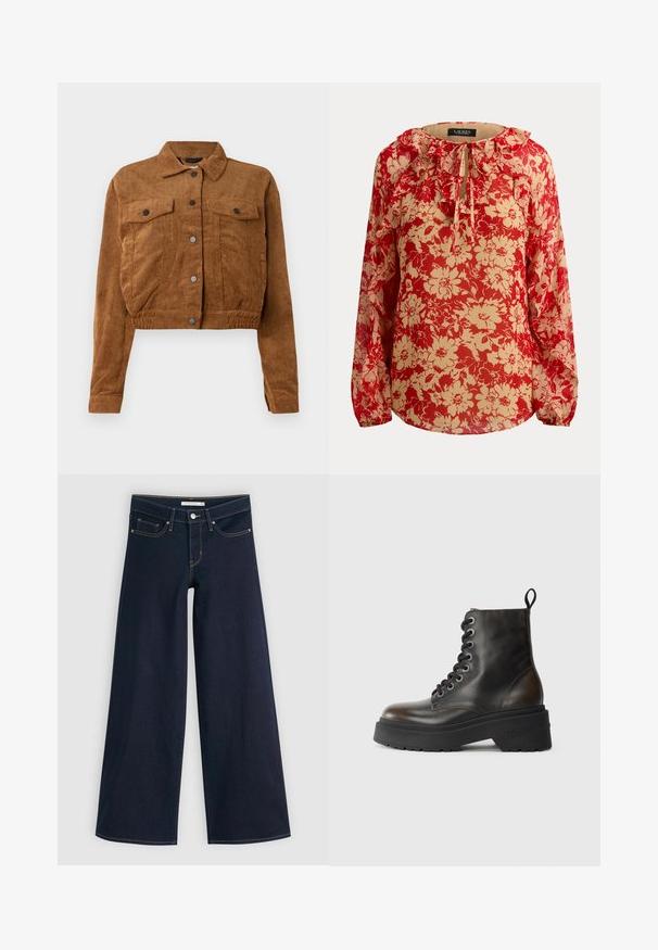 Chaqueta corta de pana marrón con botones a presión en el frente, dos bolsillos de solapa en el pecho y mangas largas sobre un fondo blanco.; Blusa transparente de manga larga con estampado floral en rojo y beige, cuello con volantes y cierre con lazo en el delantero.; Jeans de pierna ancha en denim oscuro con costuras naranjas, cierre de botón, dos bolsillos frontales y una textura suave. Presenta un dobladillo limpio.; Bota de tobillo de cuero negro con cordones en la parte delantera, suela gruesa negra y un lazo en la parte trasera, con el nombre de la marca grabado en el talón.