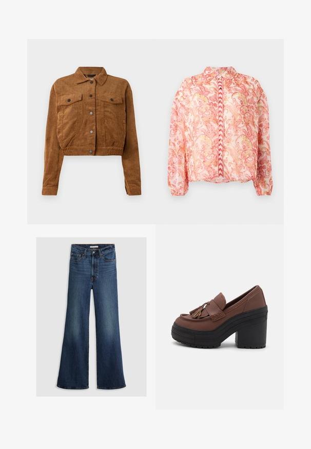 Bruine corduroy cropped jas met voorste drukknoopsluiting, twee klepborstzakken en lange mouwen op een witte achtergrond.; Transparante roze blouse met bloemenblaisers in rood en goud, ronde kraag, knoopsluiting aan de voorkant, elastische mouwen en rechte zoom.; Wijde jeans in donkerblauw denim, met een hoge taille, vijf zakken en contrasterend stiksel langs de naden en tailleband.; Bruine platformloafers met een ronde neus, kwastjesaccenten, gestikte details en een dikke zwarte rubberen hak met een gestructureerde zool.