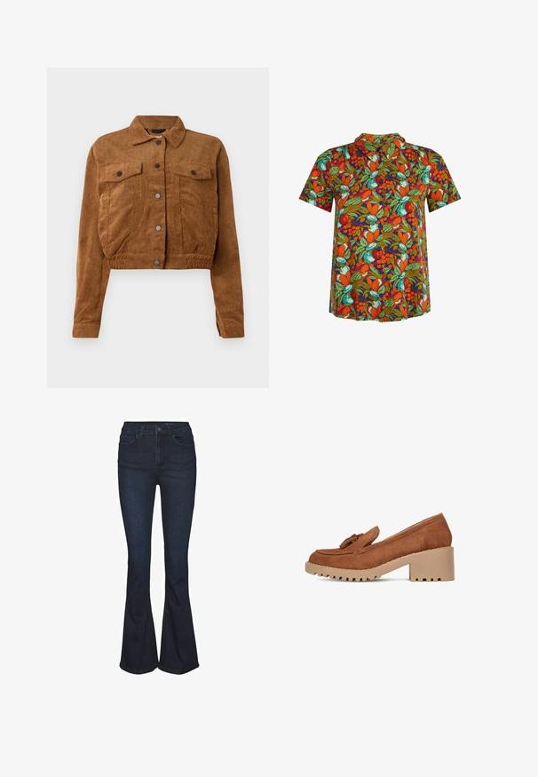 Chaqueta corta de pana marrón con botones a presión en el frente, dos bolsillos de solapa en el pecho y mangas largas sobre un fondo blanco.; Camisa de manga corta con botones y un vibrante patrón de frutas y hojas en naranja, verde y azul verdoso sobre fondo oscuro.; Jeans de mezclilla azul oscuro acampanados con cintura alta, con cinco bolsillos y detalles sutiles de costura. Textura suave con un diseño clásico.; Mocasines de ante marrón con un lazo decorativo, que presentan un tacón grueso beige y una suela texturizada para mayor agarre. Vista lateral.