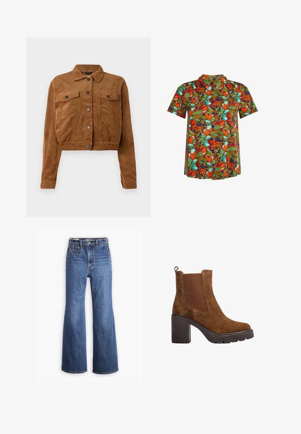 Chaqueta corta de pana marrón con botones a presión en el frente, dos bolsillos de solapa en el pecho y mangas largas sobre un fondo blanco.; Camisa de manga corta con botones y un vibrante patrón de frutas y hojas en naranja, verde y azul verdoso sobre fondo oscuro.; Pantalones vaqueros de denim azul de cintura alta con un diseño de pierna ancha, que cuentan con un bolsillo delantero, cierre de botón de bronce y costuras en contraste.; Bota de ante marrón hasta el tobillo con tacón negro grueso, panel lateral elástico y lengüeta trasera, mostrada en perfil lateral sobre fondo blanco.