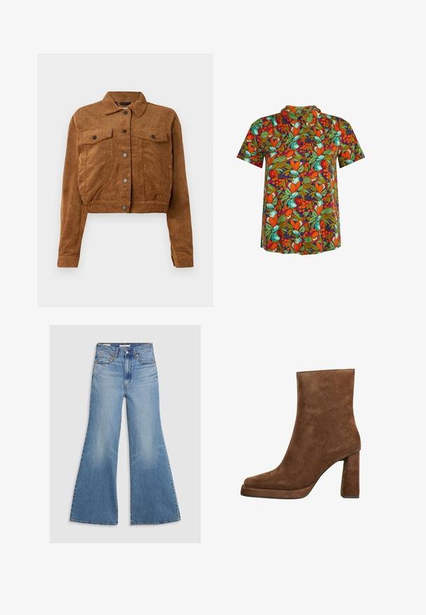 Chaqueta corta de pana marrón con botones a presión en el frente, dos bolsillos de solapa en el pecho y mangas largas sobre un fondo blanco.; Camisa de manga corta con botones y un vibrante patrón de frutas y hojas en naranja, verde y azul verdoso sobre fondo oscuro.; Los pantalones vaqueros acampanados de lavado claro presentan una cintura alta, bolsillos frontales y herrajes en bronce. La tela tiene una textura desvanecida con un acabado suave.; Botín de ante marrón con tacón de bloque y puntera cuadrada redondeada, mostrado desde un lado sobre fondo blanco.