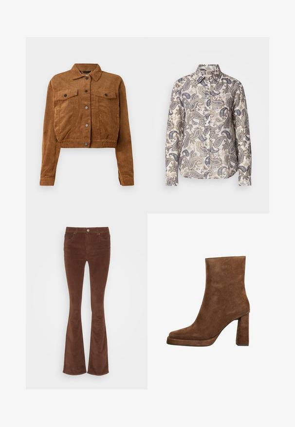 Chaqueta corta de pana marrón con botones a presión en el frente, dos bolsillos de solapa en el pecho y mangas largas sobre un fondo blanco.; Camisa de manga larga de tejido ligero con un patrón de paisley en beige y azul, con un cuello clásico y cierre de botones en la parte delantera.; Jeans de pana marrones acampanados con una textura suave, cinco bolsillos y un único botón de metal en la cinturilla.; Botín de ante marrón con tacón de bloque y puntera cuadrada redondeada, mostrado desde un lado sobre fondo blanco.