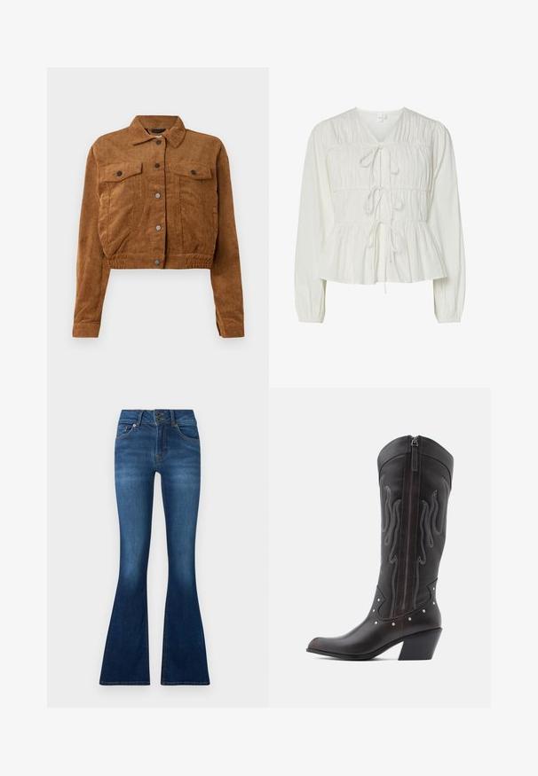 Bruine corduroy cropped jas met voorste drukknoopsluiting, twee klepborstzakken en lange mouwen op een witte achtergrond.; Witte blouse met lange mouwen, drie striksluitingen aan de voorkant, geplooide stofdetails, elastische manchetten en een peplumstijl zoom.; Uitgebreide jeans van donkerblauwe denim. Voorzien van een sluiting met twee knopen, vijf zakken en vervagingdetails op de benen. Standaard taillebandontwerp.; Bruine leren cowboylaarzen met vlamstiksels, zijrits, zilveren studs, spits toelopende neus en gestapelde hak.
