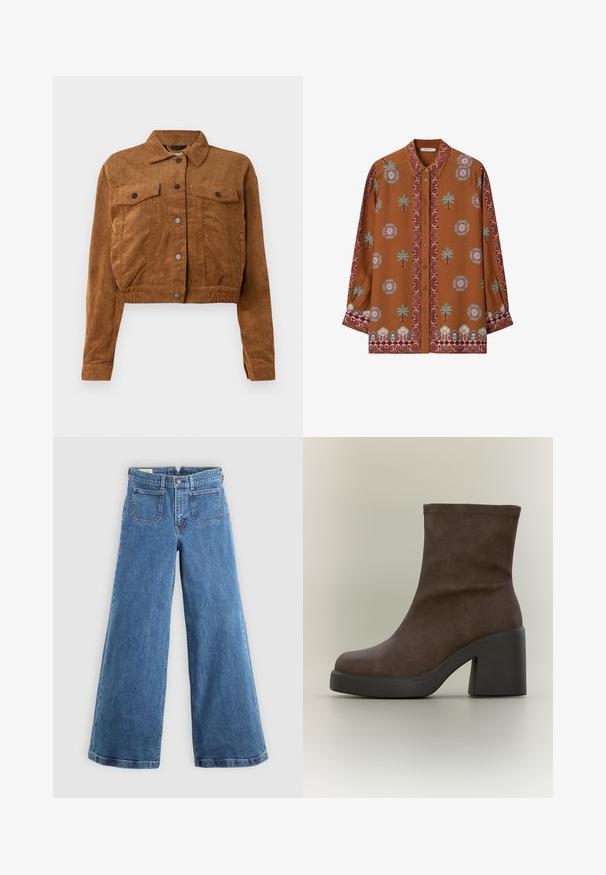 Bruine corduroy cropped jas met voorste drukknoopsluiting, twee klepborstzakken en lange mouwen op een witte achtergrond.; Bruine blouse met lange mouwen en knopen, bedrukt met roze, blauwe en witte bloemen- en palmboompatronen en een decoratieve rand langs de kraag, manchetten en zoom.; Blauwe hoge taille wijde benen jeans met voorzakken, riemlussen, knoopsluiting en ritssluiting op een effen achtergrond.; Bruine suède enkellaars met dikke zwarte plateauzool en chunky hoge hak op neutrale achtergrond.