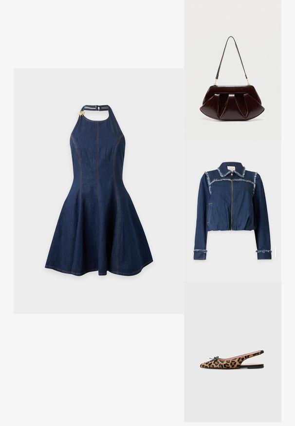 Chaqueta vaquera azul oscuro con cremallera frontal, bordes deshilachados en el cuello, los hombros y los puños, y mangas largas sobre un fondo liso.; Vestido sin mangas de denim azul oscuro con falda acampanada y escote halter asegurado con un pequeño broche dorado en forma de flor.; Pretty Ballerinas MURABI - Bailarinas con tira trasera - brown; Bolso de cuero marrón oscuro con pliegues fruncidos, herrajes dorados y una correa de hombro única sobre un fondo claro y liso.