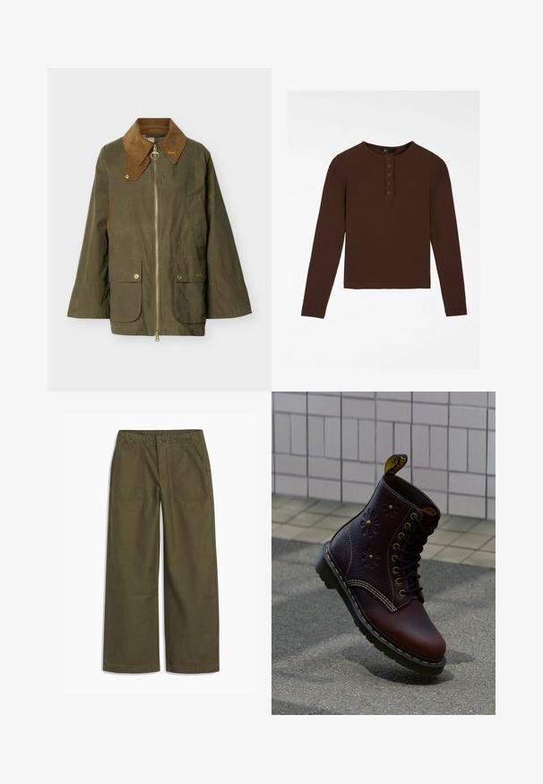 Veste en coton ciré vert olive avec col en velours côtelé marron, fermeture éclair avant, deux grandes poches à rabat avec boutons-pression, et poches latérales pour les mains.; Chemise marron à manches longues en tissu côtelé, avec un col rond, une patte de boutonnage à cinq boutons et un ourlet droit.; Pantalons larges vert olive avec poches avant à soufflet, fermeture par bouton et passants de ceinture, présentés à plat sur un fond blanc.; Botte en cuir brun foncé avec embossage floral et coutures jaunes, positionnée debout sur un pavé texturé avec un mur carrelé en arrière-plan.