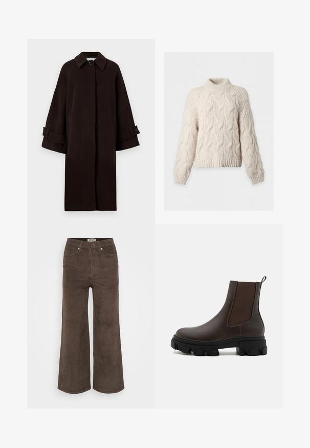 Manteau en laine brun avec un col, des manches raglan, une fermeture à boutons à l'avant et des poches latérales. Dispose de bracelets de poignet avec des boutons.; Pull tricoté couleur crème avec motifs torsadés, manches longues, col montant côtelé, poignets et ourlet.; Pantalons larges en velours côtelé marron avec une texture en côtes, cinq poches et une fermeture à bouton à l'avant. Présente une étiquette au niveau de la taille.; Bottines Chelsea en cuir marron avec des panneaux latéraux élastiques, des accents en tissu texturé, une épaisse semelle en caoutchouc noir et une languette à l'arrière.