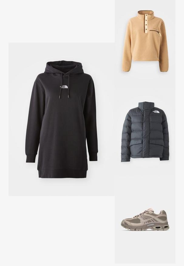 Zwarte pufferjack met een hoge kraag, gequilt ontwerp, ritssluiting aan de voorkant en twee voorzakken. Bevat een wit logo op de linkerborst.; Beige fleece pullover met een hoge kraag, halve knoopsluiting en een ritszak aan de linkerborst. Getextureerde stof met bruine accenten.; Zwarte hoodie jurk van zachte stof, met een kangoeroezak aan de voorkant, een verstelbare trekkoordcapuchon en een klein logo op de borst.; Beige sportschoen met bovenwerk van mesh, gevormde accenten, ronde neus en zichtbare luchtkussens in de zool. Veters in een neutrale tint.