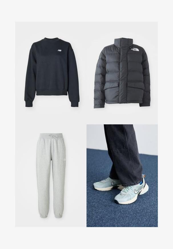 Mustvalge puffer-jakk kõrge kraega, tikanditud disain, tõmblukk eest ja kaks esimest taskut. Vasakule rinda on trükitud valge logo.; Tumehall hallide käeaukudega dress, mis on valmistatud puuvillasegistusega kangast. Omab ribatrepid kaelas ja mansetides, ning rinna peal on väike valge logo.; Hallid hallid dressipüksid elastse vöökoha ja nööriga. Kangas on pehme, millel on elastsed mansetid pahkluude juures ja logo aktsent.; Heled sinise võrgu struktuuriga Nike jooksujalatseid, millel on must Swoosh ja kreemjas keskosa, kombineerituna tumedates hallides laia säärega pükstega.