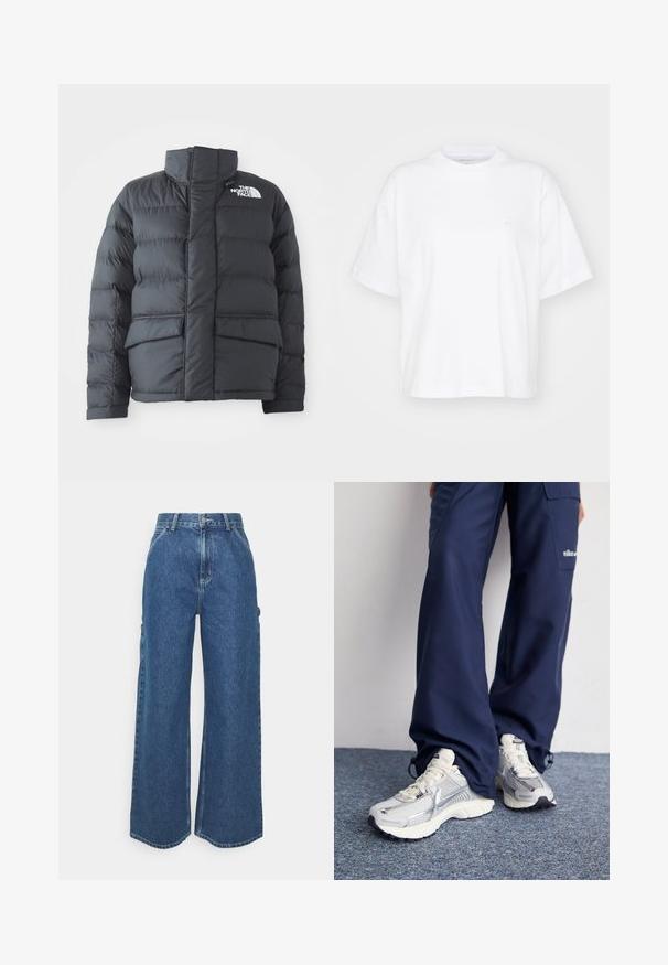 Doudoune noire avec col haut, design matelassé, fermeture éclair à l'avant et deux poches avant. Présente un logo blanc sur la poitrine gauche.; T-shirt en coton blanc avec un col rond, des manches courtes et une coupe décontractée. Présente un logo discret sur la zone gauche de la poitrine. Texture lisse.; Pantalons en denim bleu à jambes larges avec taille haute, couture contrastée et poches latérales, présentant un design classique à cinq poches et des ourlets bruts.; Baskets de sport Nike avec une tige en maille argentée, des accents blancs et des semelles texturées, associées à un pantalon marine ample.