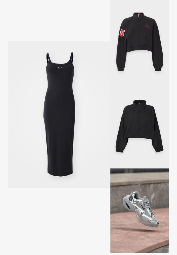 Zwarte cropped jas met hoge kraag, ritssluiting aan de voorkant, lange mouwen, elastische manchetten en schuine naaddetails op de romp.; Zwarte cropped sweater met halve rits, rood nummer "5" op de rechtermouw en rode geborduurde tekst op de linkerborst.; Zwart aansluitend midi-jurkje met dunne bandjes, geribbelde textuur en een klein wit Nike-logo op de borst. Minimalistisch ontwerp, rekbare stof.; Zilveren en grijze Nike Air-sneaker met zwarte swoosh die boven een rozeachtige betonnen ondergrond en stenen richel zweeft.