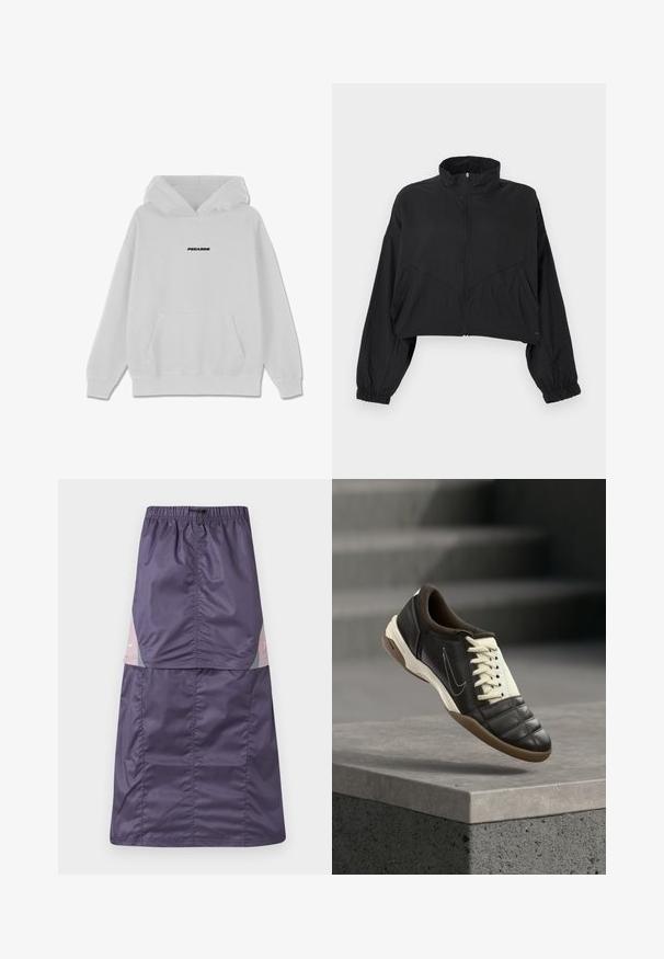 Zwarte cropped jas met hoge kraag, ritssluiting aan de voorkant, lange mouwen, elastische manchetten en schuine naaddetails op de romp.; Witte hoodie met een voorzak en een capuchon met koord. Kenmerkt zich door de zwarte "PEGAODR" tekst gecentreerd op de borst. Zacht, katoenen mengselmateriaal.; Paarse nylon rok met een elastische tailleband, voorzien van kleurvlakpanelen in roze en groen, en een klein wit logo op het bovenste gedeelte.; Donkerbruine leren sneaker met crèmekleurige veters, een gewatteerde kraag en een getextureerde neus. Voorzien van een rubberen zool en een zijwaarts geplaatst swoosh-logo.
