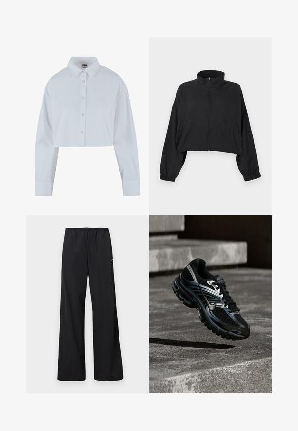Veste courte noire avec col montant, fermeture éclair avant, manches longues, poignets élastiques et détails de coutures en biais sur le torse.; Chemise blanche courte à col pointu, à manches longues et à texture lisse. Comprend une patte de boutonnage à l'avant avec des boutons assortis.; Pantalon de sport noir ample avec taille élastique et petit logo Nike blanc sur la cuisse gauche, présenté sur un fond blanc.; Chaussure de running Nike noire et argent flottant au-dessus de marches en béton, montrant un design détaillé et une semelle texturée en extérieur.