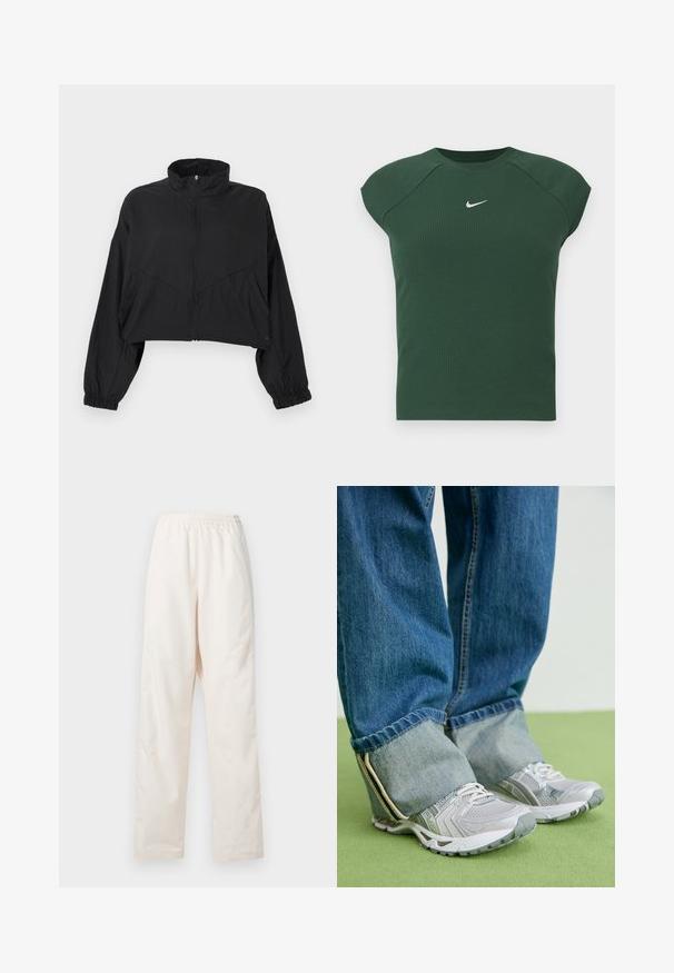 Schwarze, kurze Jacke mit hohem Kragen, Frontreißverschluss, langen Ärmeln, elastischen Bündchen und schrägen Nahtdetails am Torso.; Dunkelgrünes, geripptes, kurzärmliges Sportoberteil mit rundem Ausschnitt, das ein kleines weißes Nike-Swoosh-Logo auf der Brust trägt.; Locker sitzende, crèmefarbene Hose mit elastischem Bund und geradem Beinschnitt, vor einem einfarbigen weißen Hintergrund präsentiert.; Graue Turnschuhe aus Mesh-Material mit weißen Akzenten, kombiniert mit blauen Jeans, die an den Knöcheln umgeschlagen sind.