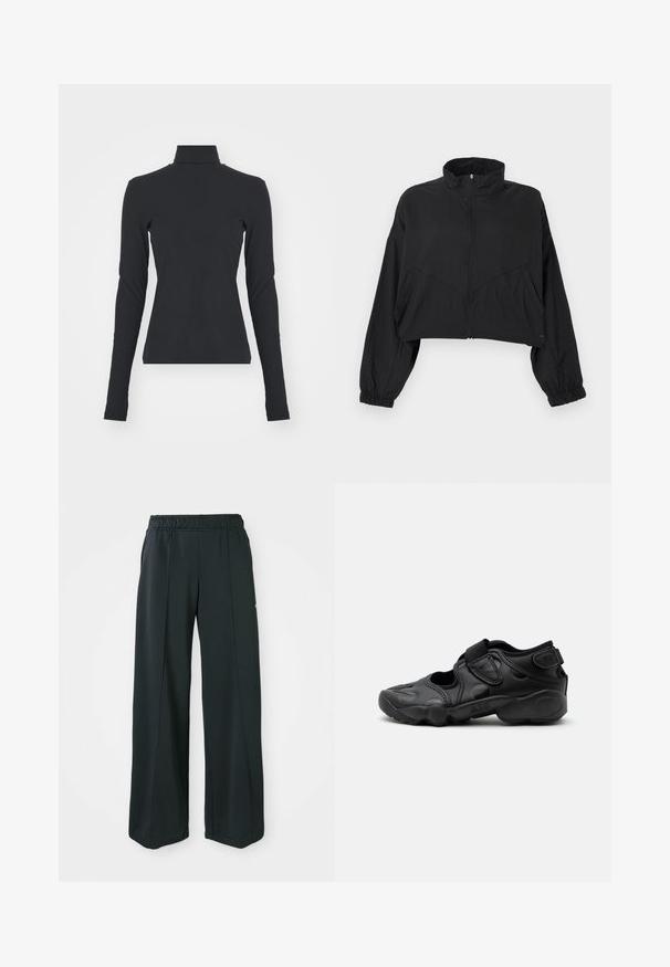 Chaqueta negra recortada con cuello alto, cremallera frontal, mangas largas, puños elásticos y detalles de costuras anguladas en el torso.; Top negro de canalé con cuello alto, de manga larga, forma ajustada, textura suave y ligero estiramiento, diseñado para comodidad y capas.; Pantalones deportivos negros de pierna ancha con cintura elástica. Hechos de una tela suave y elástica, presentan costuras frontales sutiles y sin bolsillos.; Sandalia deportiva negra con puntera cerrada, correas de velcro en la parte media del pie y el talón, y suela gruesa acolchada con la marca "AIR" en el lateral.