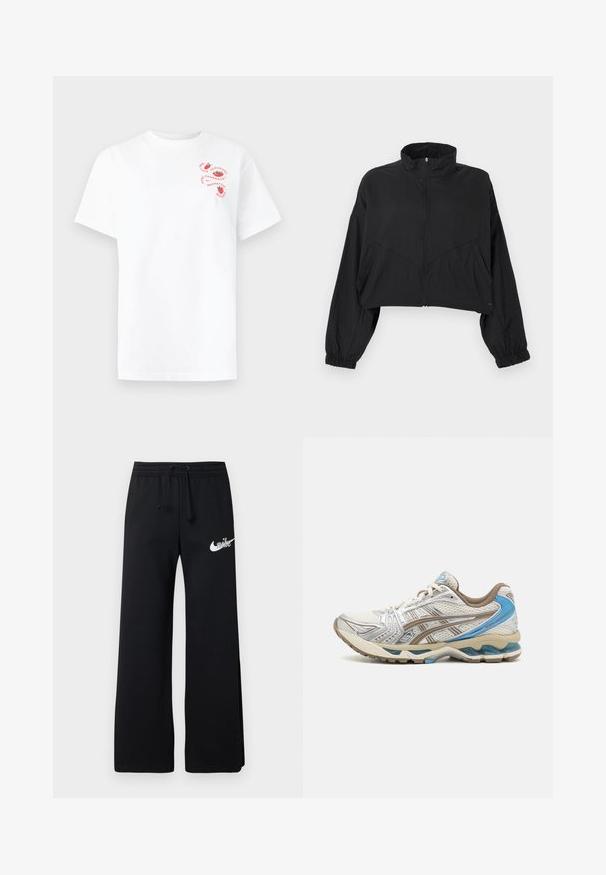 Μαύρο cropped σακάκι με ψηλό γιακά, φερμουάρ μπροστά, μακριά μανίκια, ελαστική μανσέτα και λοξά ραφές στο σώμα.; Λευκό κοντομάνικο μπλουζάκι με μικρές κόκκινες εικόνες ντομάτας και κυκλικό κείμενο στην αριστερή επάνω πλευρά του στήθους.; Μαύρο παντελόνι φόρμας από μαλακό ύφασμα, με ελαστική μέση και κορδόνι, καθώς και λευκό λογότυπο Nike στην αριστερή πλευρά.; Άσπρο και μπεζ αθλητικό παπούτσι με μπλε λεπτομέρειες, άνω μέρος από δίχτυ, μαλακή σόλα και σχεδιασμό με κορδόνια, εμφανιζόμενο από την εξωτερική πλευρά.