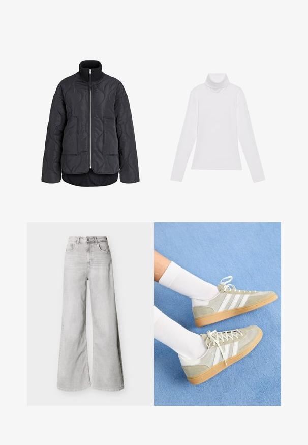 Sort quiltet jakke med bølget syning, høj ribbet krave, frontlynlås og to firkantede forlommer, lidt længere bagkant.; Hvid langærmet turtle-neck top lavet af glat, strækbart stof. Har en høj krave og tætsiddende design, uden synlige mønstre eller udsmykninger.; Lysegrå jeans med vid ben lavet af denim, med høj talje, forlommer og knaplukning. Glat tekstur med et diskret falmet look.; Lys grå ruskinds sneakers med hvide gummidetaljer, der har tre hvide striber og en gummisål, båret med hvide sokker på en blå baggrund.