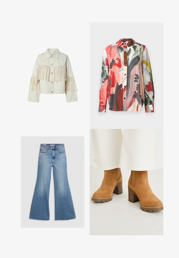 Flødefarvet denimjakke med sølvknapper og frynsedetaljer langs bryst og ærmer.; Langærmet skjorte lavet af letvægtsstof med et farverigt abstrakt tryk i røde, grønne og beige toner; sorte knapper og en spredt krave.; Lysvasket denim flared jeans med høj talje, frontlommer og bronze hardware. Stoffet har en falmet tekstur med en glat finish.; Tan ruskindsankelstøvler med en kraftig blokhælhøj, der har elastiske sidepaneler og en robust sål for godt greb. Textureret overdel med syninger.