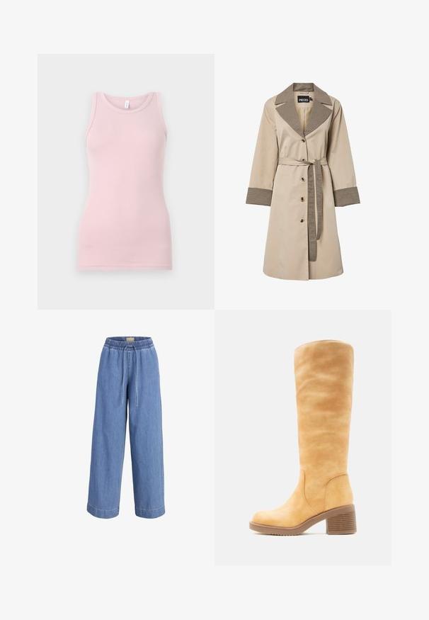 Trench-coat beige avec col, poignets et ceinture en motif pied-de-poule, fermeture à boutons devant et manches longues.; Débardeur rose clair en tissu doux et extensible. Il présente un col rond et des bretelles étroites, avec une texture lisse et une coupe ajustée.; Pantalon en jean bleu clair à jambes larges avec ceinture élastique et fermeture à cordon à l'avant.; Botte haute en cuir beige avec bout arrondi, talon bloc empilé et tige lisse s'étendant sous le genou, vue de profil.