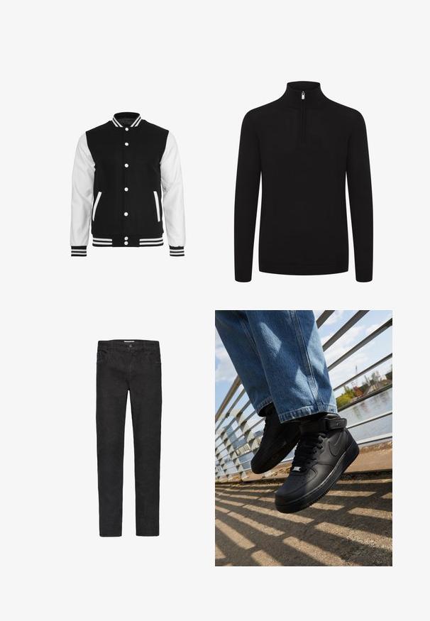 Schwarze und weiße Collegejacke mit einem Wollkörper und Lederärmel, ausgestattet mit einem gerippten Kragen, Bündchen und zwei Fronttaschen.; Schwarzer Pullover mit hohem Kragen und einem halben Reißverschluss. Hergestellt aus einem glatten Strickstoff. Verfügt über lange Ärmel sowie gerippte Bündchen und Saum.; Schwarze Denim-Jeans mit geradem Schnitt. Zu den Merkmalen gehören fünf Taschen, ein Knopfverschluss und dezente Nähte entlang der Säume.; Schwarze Nike Air Force 1 Sneakers mit Obermaterial aus Leder, Mesh-Zunge und Gummisohle, die ein hoch geschnittenes Design und dicke Schnürsenkel aufweisen.