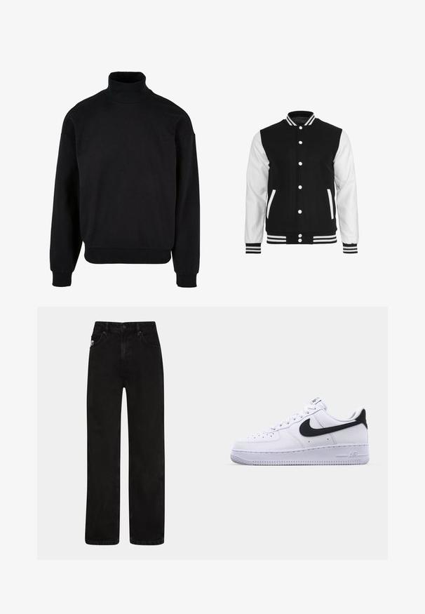 Sort og hvid varsity-jakke med en uldkrop og lærsleeves, der har en ribbet krave, ærmer og to frontlommer.; Sort turtleneck sweatshirt med afslappet pasform, lange ærmer og ribbede manchetter. Fremstillet af et blødt, struktureret stof.; Sorte denim jeans med lige ben, der har forlommer, lukning med knap og en diskret logo-patch på taljen.; Hvide lædersneakers med en struktureret sort Swoosh, flade snørebånd og en gummisål med et rillemønster. "AIR" er præget på hælen.