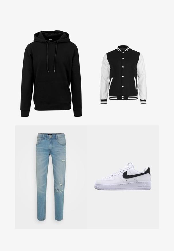Sort og hvid varsity-jakke med en uldkrop og lærsleeves, der har en ribbet krave, ærmer og to frontlommer.; Sort hoodie lavet af blødt materiale, med en stor frontlomme, snoretræk og ribbede manchetter og kant. Enkel, ensfarvet design.; Lyseblå denim jeans med slim fit, der har slidte detaljer og to frontlommer, hvoraf den ene har et lille hul. Minimal hardware.; Hvide lædersneakers med en struktureret sort Swoosh, flade snørebånd og en gummisål med et rillemønster. "AIR" er præget på hælen.