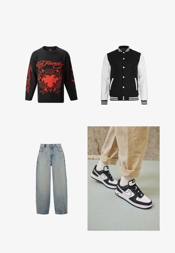 Chaqueta varsity en blanco y negro con cuerpo de lana y mangas de cuero, que presenta un collar de canalé, puños y dos bolsillos frontales.; Suéter negro de punto con atrevidos diseños gráficos en rojo, que incluyen las palabras "Love Kills Slowly" y un motivo de corazón. Cuello redondo y manga larga.; Jeans de mezclilla azul claro con un corte relajado, que presentan una cintura alta, piernas anchas, diseño clásico de cinco bolsillos y acentos de herrajes de metal.; Zapatillas Nike Air Force 1 en blanco y negro con parte superior de cuero, puntera perforada y detalle de suela texturizada, combinadas con pantalones beiges remangados y calcetines blancos.