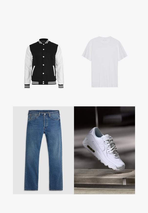Chaqueta varsity en blanco y negro con cuerpo de lana y mangas de cuero, que presenta un collar de canalé, puños y dos bolsillos frontales.; Camiseta de algodón blanca con mangas cortas, cuello redondo y una textura suave. Presenta una marca mínima en el escote.; Vaqueros de mezclilla azul de pierna recta con cinco bolsillos, presillas para el cinturón y un cierre frontal con botón y cremallera sobre un fondo liso.; Zapatilla blanca de piel con superficies texturizadas, cuello acolchado y amortiguación de aire visible en la suela. Presenta cordones y un diseño minimalista.