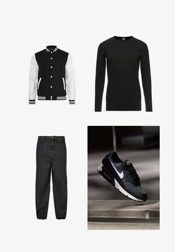 Mustriga must-valge ülikooli jakk, millel on villane keha ja nahast varrukad, ribidega krae, cuffs ja kaks esipaneeli taskut.; Urban Classics STRETCH TERRY - Pikkade varrukatega topp - black; Mustad denim püksid relaxed fit lõikega, eesnupu sulgemisega, viie taskuga ja kangale on lisatud peene närbumise detailid.; Must ja hall Nike Air Max toss valge triibuga, riputatud betoonpinna kohale, uduse tumeda tausta ees.