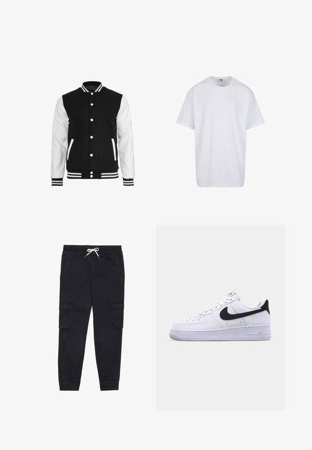 Chaqueta varsity en blanco y negro con cuerpo de lana y mangas de cuero, que presenta un collar de canalé, puños y dos bolsillos frontales.; Camiseta blanca lisa de algodón, de manga corta, con cuello redondo y etiqueta visible de talla y marca dentro del cuello.; Pantalones cargo negros de algodón, con una cinturilla elástica con cordón, bolsillos laterales y puños ajustados.; Zapatilla blanca de cuero con un Swoosh negro texturizado, cordones planos y una suela de goma con un patrón estriado. "AIR" está grabado en el talón.