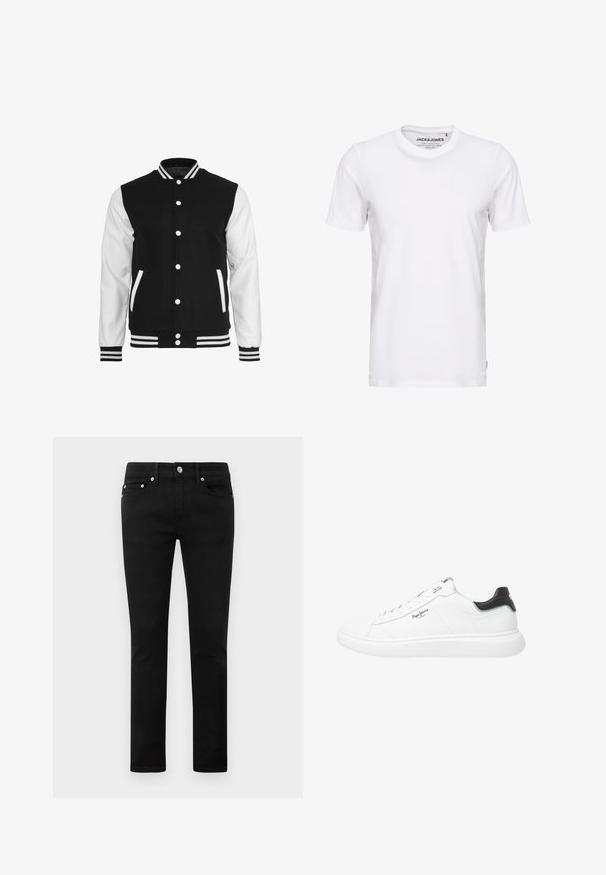 Veste de style varsity noir et blanc avec un corps en laine et des manches en cuir, dotée d'un col, de poignets et de deux poches avant côtelés.; T-shirt blanc à manches courtes en coton, avec un col rond et un design simple. Étiquette de marque visible au niveau du cou. Aucun motif ni accent.; Jeans slim fit noirs avec cinq poches, bouton en métal et passants de ceinture, présentés à plat sur un fond blanc.; Baskets basses blanches en cuir avec une finition lisse, dotées d'accents noirs au niveau du talon, de lacets ronds et de coutures latérales discrètes.