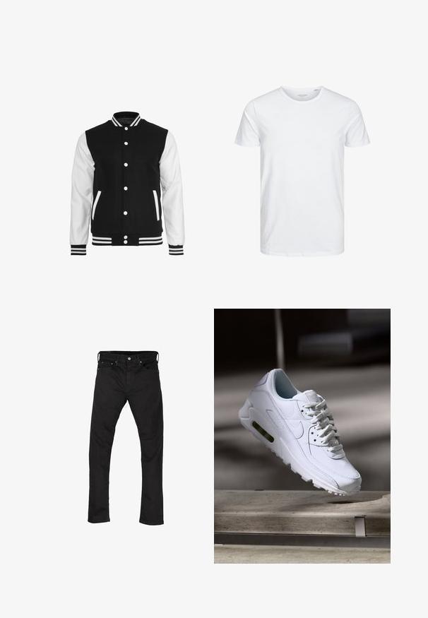 Zwart-witte varsityjack met een wollen lichaam en leren mouwen, voorzien van een geribbelde kraag, manchetten en twee voorkruispockets.; Ronde hals kortemouwen t-shirt in effen wit, gemaakt van zachte katoen, heeft een eenvoudig ontwerp zonder zichtbare patronen of accenten.; Zwarte spijkerbroek van denim met een rechte pijp, vijf zakken en een metalen knoopsluiting. Gladde textuur en uniforme kleur door het hele ontwerp.; Witte leren sneaker met gestructureerde oppervlakken, gevoerde kraag en zichtbare luchtbescherming in de zool. Heeft veters en een minimalistisch ontwerp.
