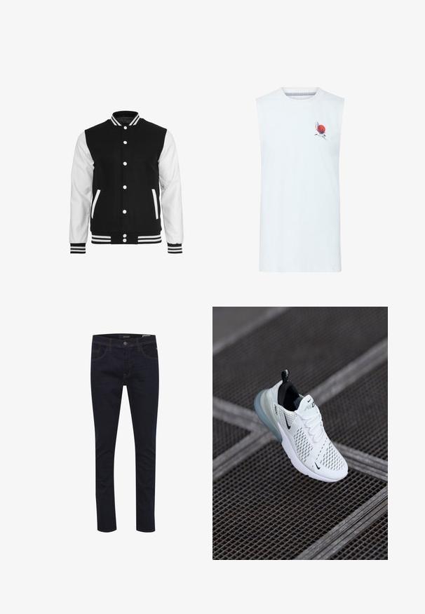 Zwart-witte varsityjack met een wollen lichaam en leren mouwen, voorzien van een geribbelde kraag, manchetten en twee voorkruispockets.; Wit mouwloos shirt met een kleine zwarte kraan en rode zon grafiek op de linkerborst.; Donkerblauwe jeans van denim, met vijf zakken, een ritssluiting en contrasterende stiksels. Slank model met een soepele textuur.; Witte sportieve sneaker met geperforeerde mesh bovenkant, zwarte accenten, zichtbare veters en een doorzichtige luchtkussenzool.