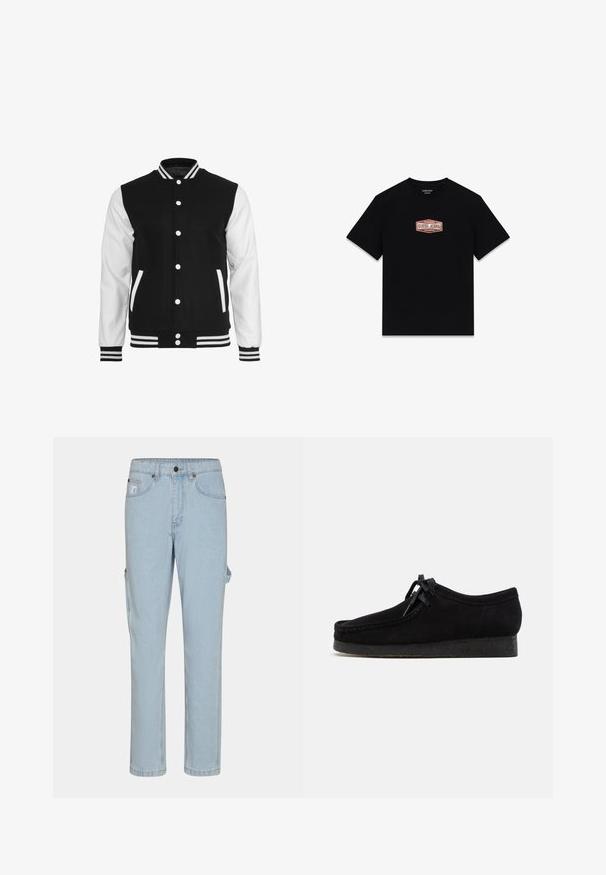 Schwarze und weiße Collegejacke mit einem Wollkörper und Lederärmel, ausgestattet mit einem gerippten Kragen, Bündchen und zwei Fronttaschen.; Schwarzes Baumwoll-T-Shirt mit Rundhalsausschnitt, kurzen Ärmeln und einem mittig gestickten Logo-Rechteck mit der Aufschrift "GUESS JEANS" in Weiß und Rot.; Helle blaue Jeans-Cargohosen mit geradem Bein, ausgestattet mit Seitentaschen und einem klassischen Knopf- und Reißverschluss.; Schwarze Wildlederschuhe mit rundem Zehendesign, einer Schnürfront und einer strukturierten schwarzen Gummisohle. Glattes Obermaterial mit dezenten Nahtdetails.