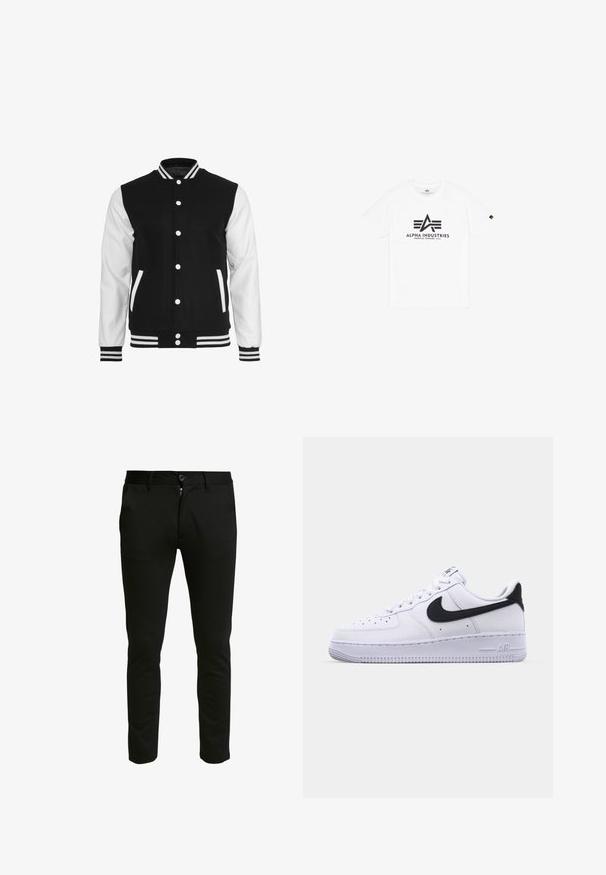 Chaqueta varsity en blanco y negro con cuerpo de lana y mangas de cuero, que presenta un collar de canalé, puños y dos bolsillos frontales.; Camiseta de algodón blanca de manga corta, con un logotipo impreso en negro "ALPHA INDUSTRIES" y un diseño triangular estilizado.; Pantalones negros ajustados hechos de una tela suave. Con cierre de cremallera y botón, dos bolsillos laterales y una textura limpia y suave.; Zapatilla blanca de cuero con un Swoosh negro texturizado, cordones planos y una suela de goma con un patrón estriado. "AIR" está grabado en el talón.