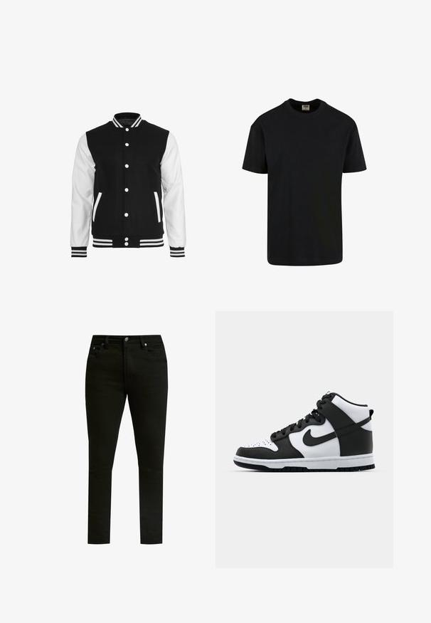 Sort og hvid varsity-jakke med en uldkrop og lærsleeves, der har en ribbet krave, ærmer og to frontlommer.; Urban Classics SHORTSLEEVE - T-shirts basic - black; Sorte denim jeans med slim fit, med et klassisk fem-lomme design, metalknap lukning og diskrete syninger.; Sort og hvid høj-top sneakers med læderoverdel, perforeret tåboks, fremtrædende swoosh-logo og struktureret gummisål.