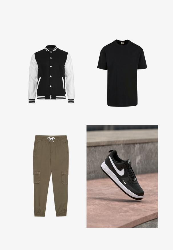 Chaqueta varsity en blanco y negro con cuerpo de lana y mangas de cuero, que presenta un collar de canalé, puños y dos bolsillos frontales.; Urban Classics SHORTSLEEVE - Camiseta básica - black; Pantalones cargo caqui con cintura elástica y cordón, que cuentan con bolsillos laterales y tobillos ajustados. Fabricados en un material ligero y texturizado.; Zapatilla Nike Air Force 1 en blanco y negro suspendida sobre una superficie de concreto rosa con un fondo de piedra gris.