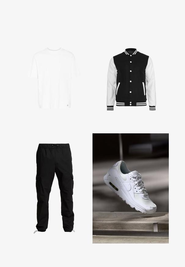 Schwarze und weiße Collegejacke mit einem Wollkörper und Lederärmel, ausgestattet mit einem gerippten Kragen, Bündchen und zwei Fronttaschen.; Weißes Kurzarm-T-Shirt aus weichem Baumwollmix. Mit Rundhalsausschnitt und dezentem Logo am unteren Saum. Schlichte Passform und lockerer Schnitt.; Schwarze Cargo-Hosen aus strapazierfähigem Stoff, mit elastischem Bund, verstellbaren Kordeln und Seitentaschen mit Klappen.; Weiße Nike Air Max 90 Sneaker mit einem Obermaterial aus Mesh und Leder, durchlässigem Zehenbereich und einer sichtbaren Air-Einheit in der Ferse.