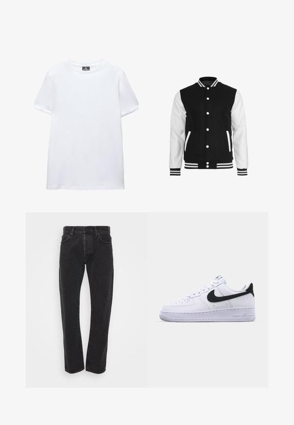 Sort og hvid varsity-jakke med en uldkrop og lærsleeves, der har en ribbet krave, ærmer og to frontlommer.; Simpel hvid t-shirt med korte ærmer og rund halsudskæring med en sort Pull&Bear mærkat indeni kraven, vist på en hvid baggrund.; Herre sorte lige ben denim jeans med frontknap og lynlås, fem lommer og bæltestropper på en ensfarvet hvid baggrund.; Hvide lædersneakers med en struktureret sort Swoosh, flade snørebånd og en gummisål med et rillemønster. "AIR" er præget på hælen.