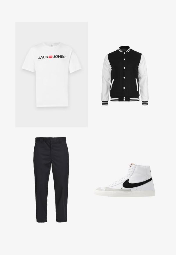 Sort og hvid varsity-jakke med en uldkrop og lærsleeves, der har en ribbet krave, ærmer og to frontlommer.; Hvid bomulds-T-shirt med stort sort "JACK & JONES" logo med en rød boksdetalje. Korte ærmer og klassisk rund hals.; Sorte chinos lavet af letvægts bomuldsstof, med lige ben, sidelommer og en knaplukning i taljen.; Hvide høje sneakers med et sort swoosh, struktureret grå tåhætte og flad hvid sål. Har seks snørrehuller og syede detaljer.