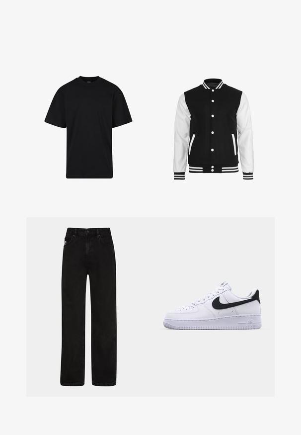 Sort og hvid varsity-jakke med en uldkrop og lærsleeves, der har en ribbet krave, ærmer og to frontlommer.; Sort T-shirt med korte ærmer og rund hals, afslappet pasform, ensfarvet design uden synlige logoer eller mønstre.; Sorte denim jeans med lige ben, der har forlommer, lukning med knap og en diskret logo-patch på taljen.; Hvide lædersneakers med en struktureret sort Swoosh, flade snørebånd og en gummisål med et rillemønster. "AIR" er præget på hælen.