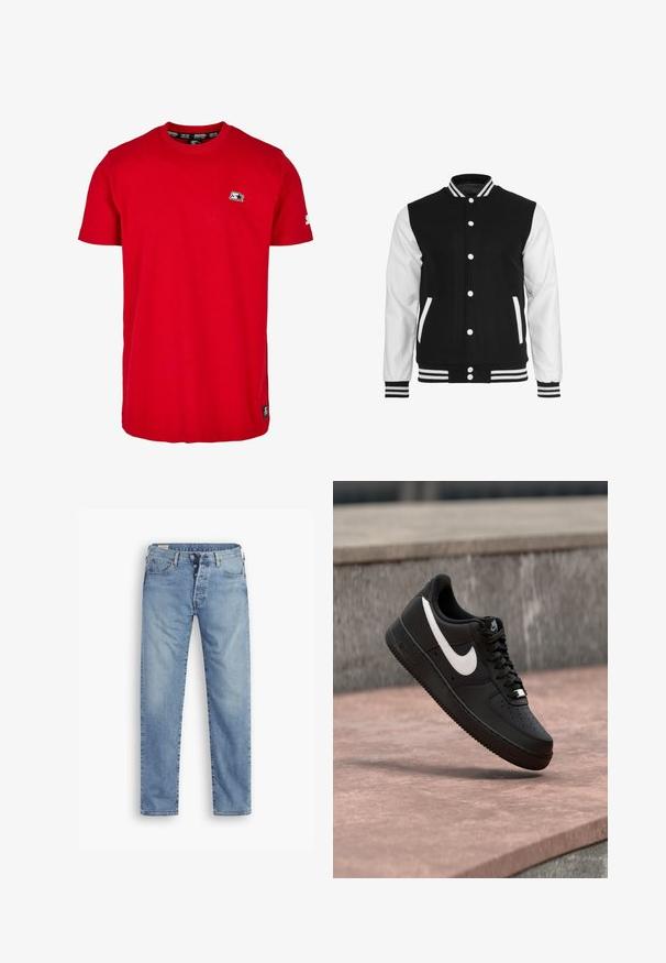 Zwart-witte varsityjack met een wollen lichaam en leren mouwen, voorzien van een geribbelde kraag, manchetten en twee voorkruispockets.; Rode katoenen t-shirt met een ronde hals, korte mouwen en een klein zwart logo op de linkerborst en mouw. Glad, effen kleurstof.; Lichtblauwe spijkerbroek met een rechte snit. Beschikt over een knopenfly, vijf zakken en een licht vervaagde textuur.; Zwarte Nike Air Force 1 sneaker met wit swoosh-logo zwevend boven een stenen oppervlak en een grijze, getextureerde muur op de achtergrond.