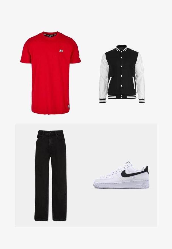 Schwarze und weiße Collegejacke mit einem Wollkörper und Lederärmel, ausgestattet mit einem gerippten Kragen, Bündchen und zwei Fronttaschen.; Rotes Baumwoll-T-Shirt mit Rundhalsausschnitt, kurzen Ärmeln und einem kleinen schwarzen Logo auf der linken Brust und dem Ärmel. Glatte, einfarbige Stoffqualität.; Schwarze Denim-Jeans mit geradem Schnitt, ausgestattet mit frontalen Taschen, einem Knopfverschluss und einem dezenten Logo-Patch am Bund.; Weißes Leder-Sneaker mit einem strukturierten schwarzen Swoosh, flachen Schnürsenkeln und einer Gummisohle mit genoppetem Muster. "AIR" ist auf der Ferse eingeprägt.